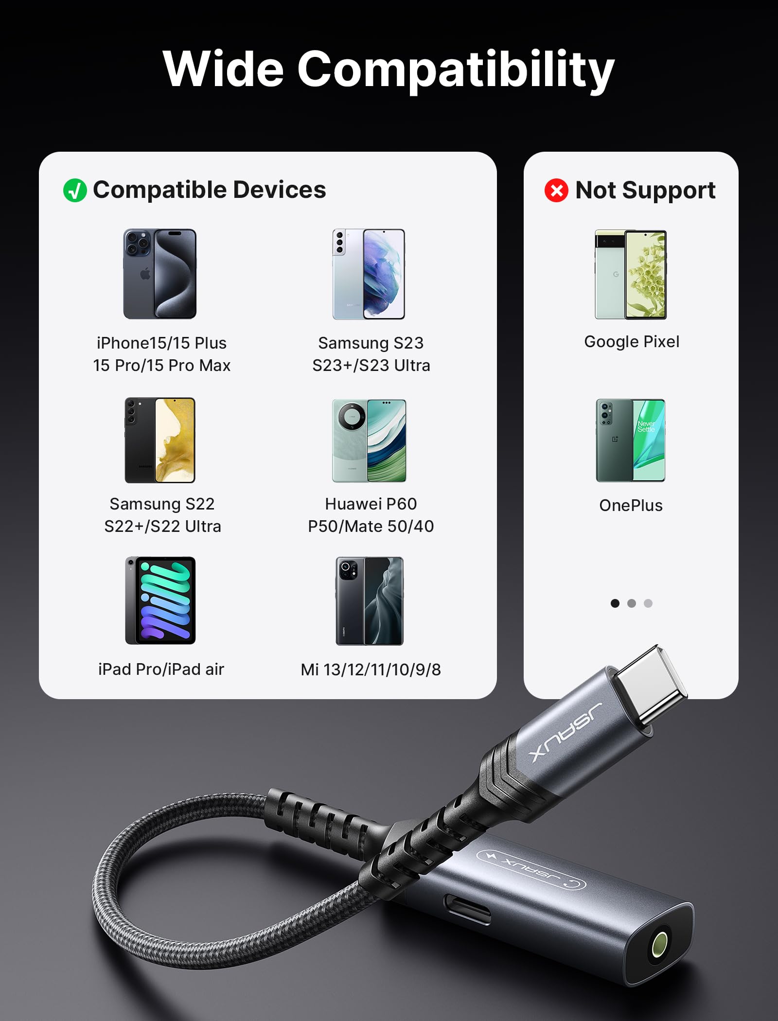 JSAUX USB to 3.5mm Jack Audio Adapter, 2 in 1 Type C to Aux Audio Jack with PD 30W Fast Charging, Sound Card Game Audio Adapter Compatible with iPhone 15, Galaxy S22 S21 Ultra S20 S20+ Plus Note 20 JSAUX USB to 3.5mm Jack Audio Adapter, 2 in 1 Type C to Aux Audio Jack with PD 30W Fast Charging, Sound Card Game Audio Adapter Compatible with iPhone 15, Galaxy S22 S21 Ultra S20 S20+ Plus Note 20